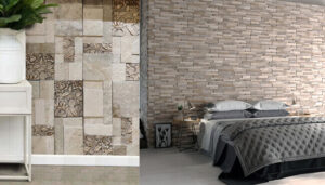 A modern interior featuring textured wall designs made of stone and wood.